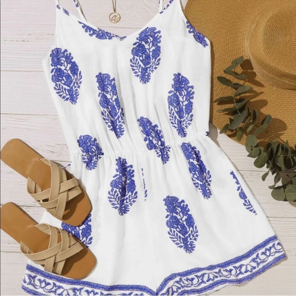 Shein Blue & cream Summer Boho Romper